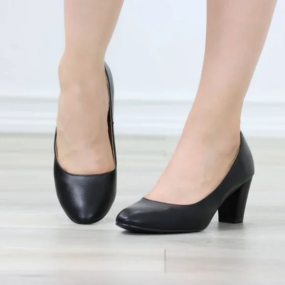 Classic Block Low Heel Pumps Slip On Round Toe Women's Black Shoes - Picture 10 of 12